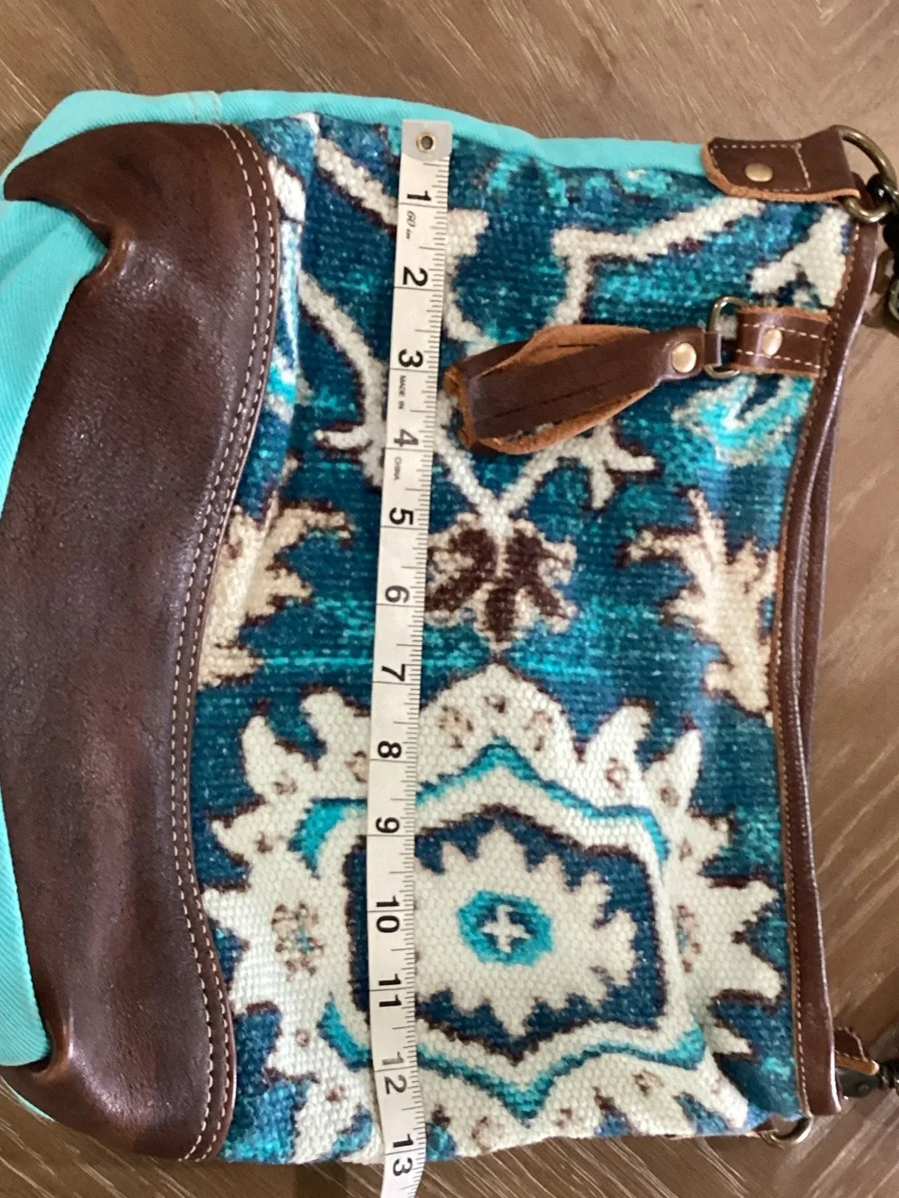 Pre owned Turquoise Patterned Shoulder Bag with Brown Trim